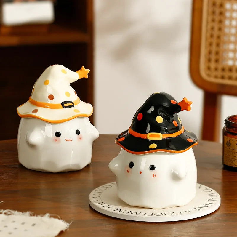 Cute Ceramic Ghost Coffee Mug with Wizard Hat Lid by HitMyNeed