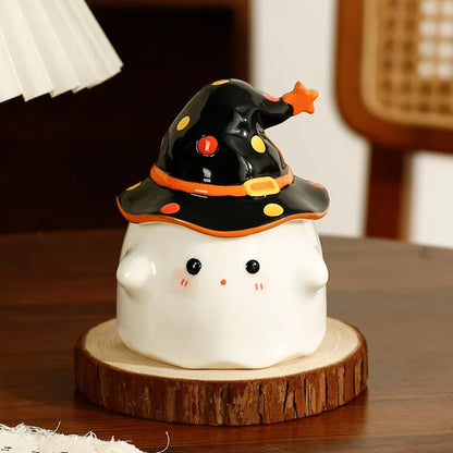 Cute Ceramic Ghost Coffee Mug with Wizard Hat Lid black by HitMyNeed