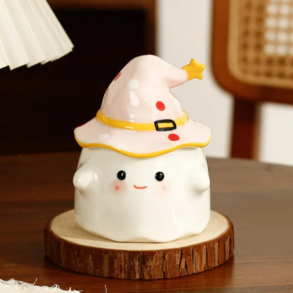 Cute Ceramic Ghost Coffee Mug with Wizard Hat Lid pink by HitMyNeed