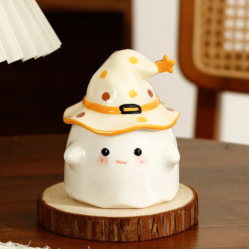 Cute Ceramic Ghost Coffee Mug with Wizard Hat Lid yellow by HitMyNeed