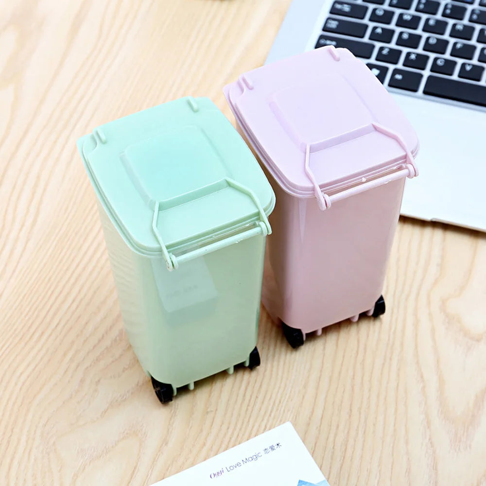 Cute Mini Desktop Trash Can with Lid and Wheels by HitMyNeed