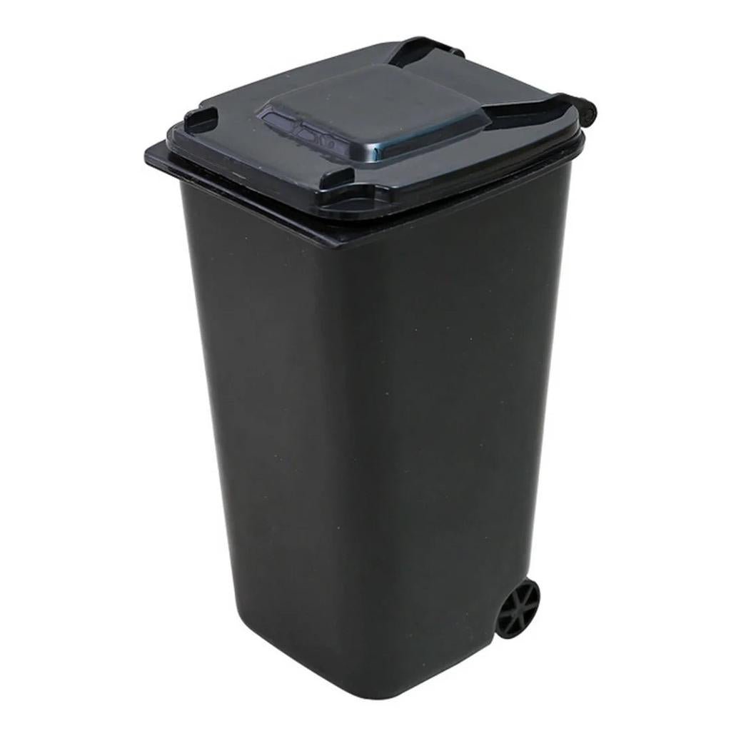 Cute Mini Desktop Trash Can with Lid and Wheels black by HitMyNeed