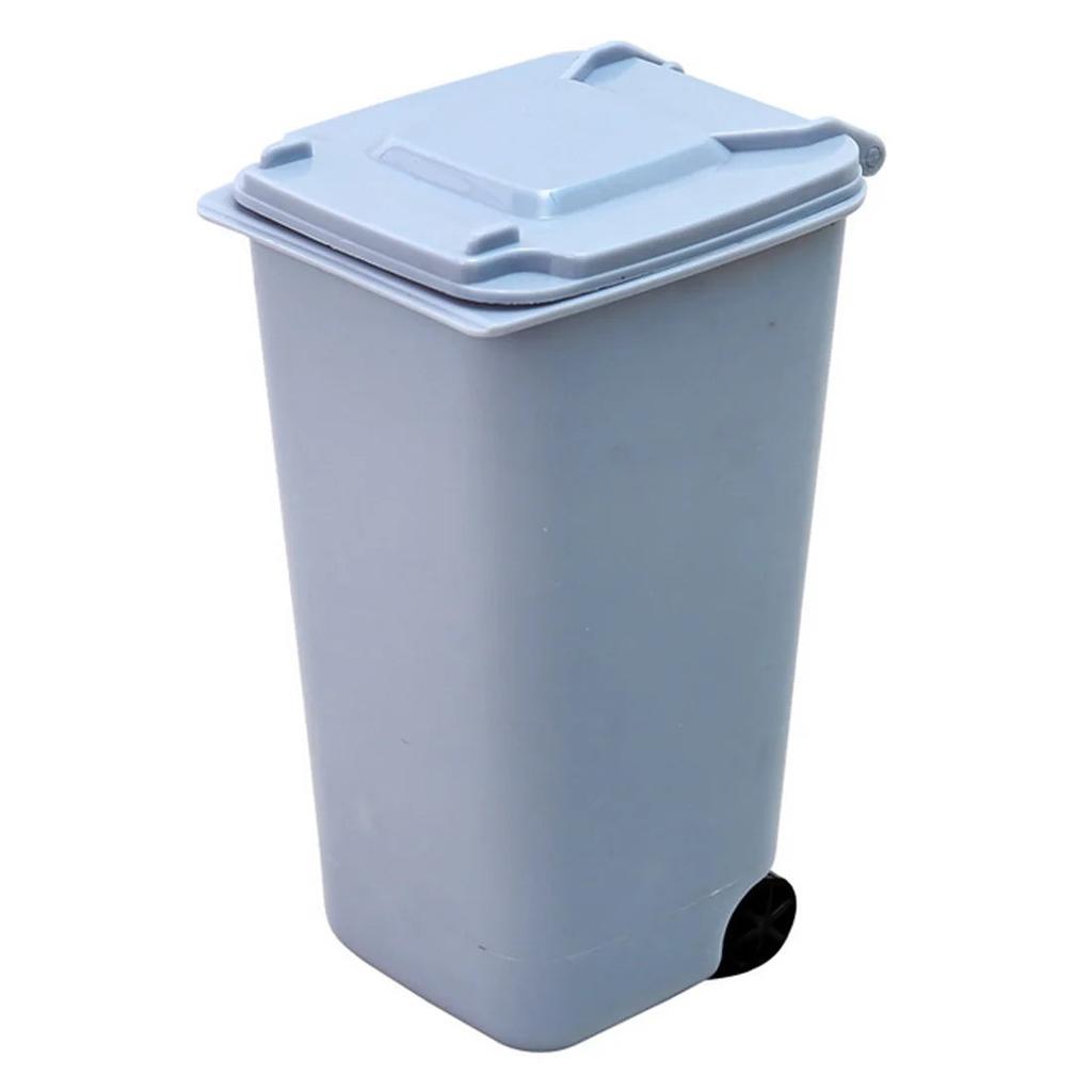 Cute Mini Desktop Trash Can with Lid and Wheels blue by HitMyNeed