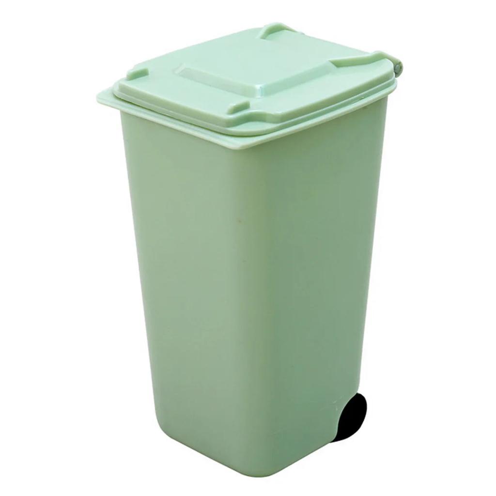 Cute Mini Desktop Trash Can with Lid and Wheels green by HitMyNeed