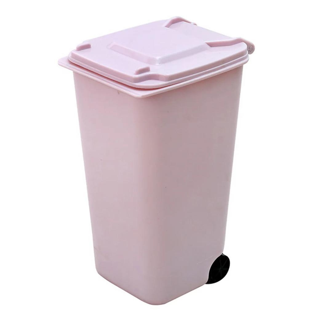 Cute Mini Desktop Trash Can with Lid and Wheels pink by HitMyNeed