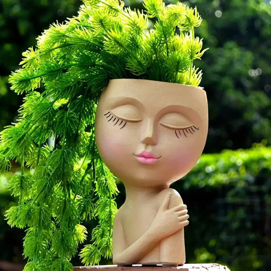 Cute Resin Lady Head Planter for Indoor Plants khaki by HitMyNeed
