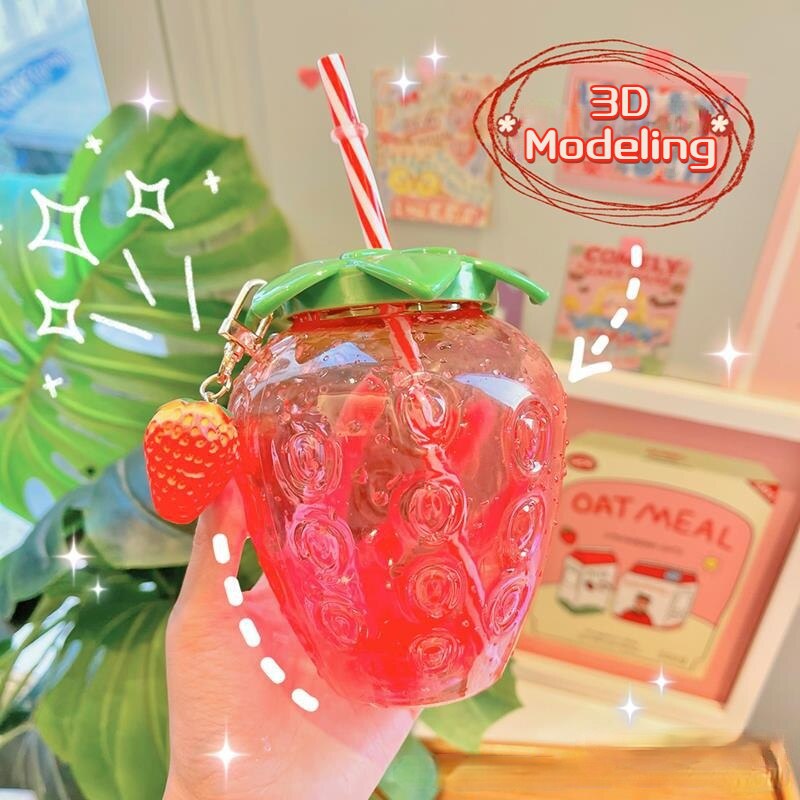 Cute Strawberry Cup with Straw, 500ml by HitMyNeed