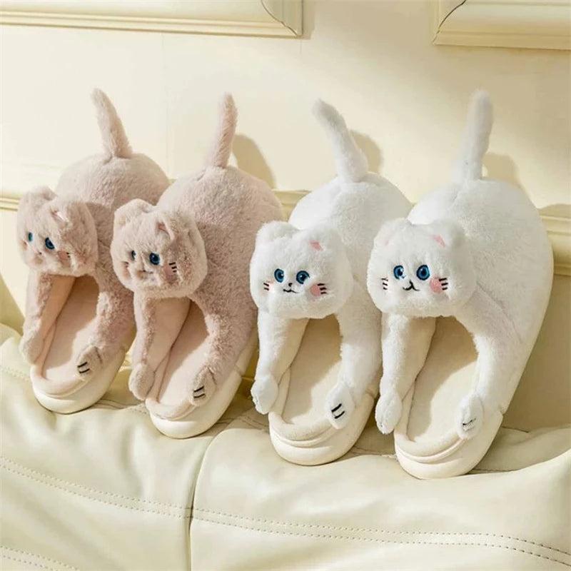 Cute Winter Cat Fuzzy Slippers for Women & Men by HitMyNeed