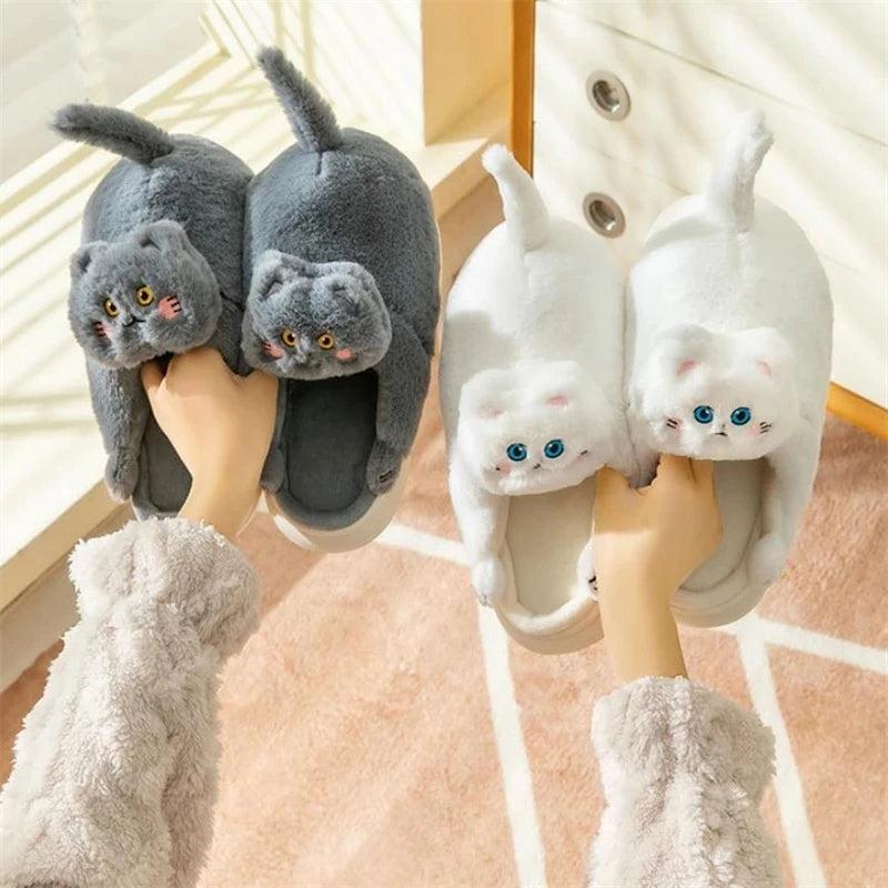 Cute Winter Cat Fuzzy Slippers for Women & Men by HitMyNeed