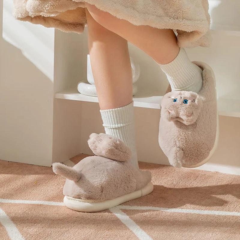 Cute Winter Cat Fuzzy Slippers for Women & Men by HitMyNeed