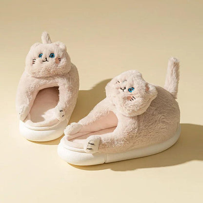 Cute Winter Cat Fuzzy Slippers for Women & Men beige 36-37fit-35-36 by HitMyNeed