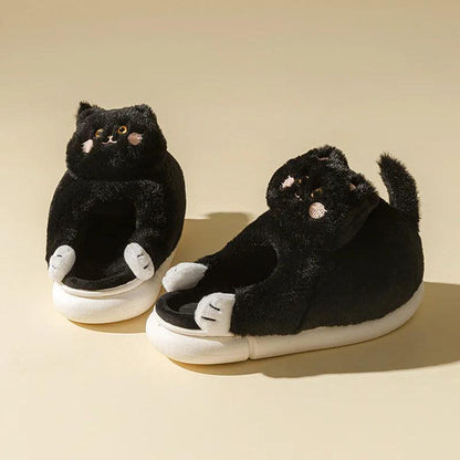 Cute Winter Cat Fuzzy Slippers for Women & Men black 36-37fit-35-36 by HitMyNeed