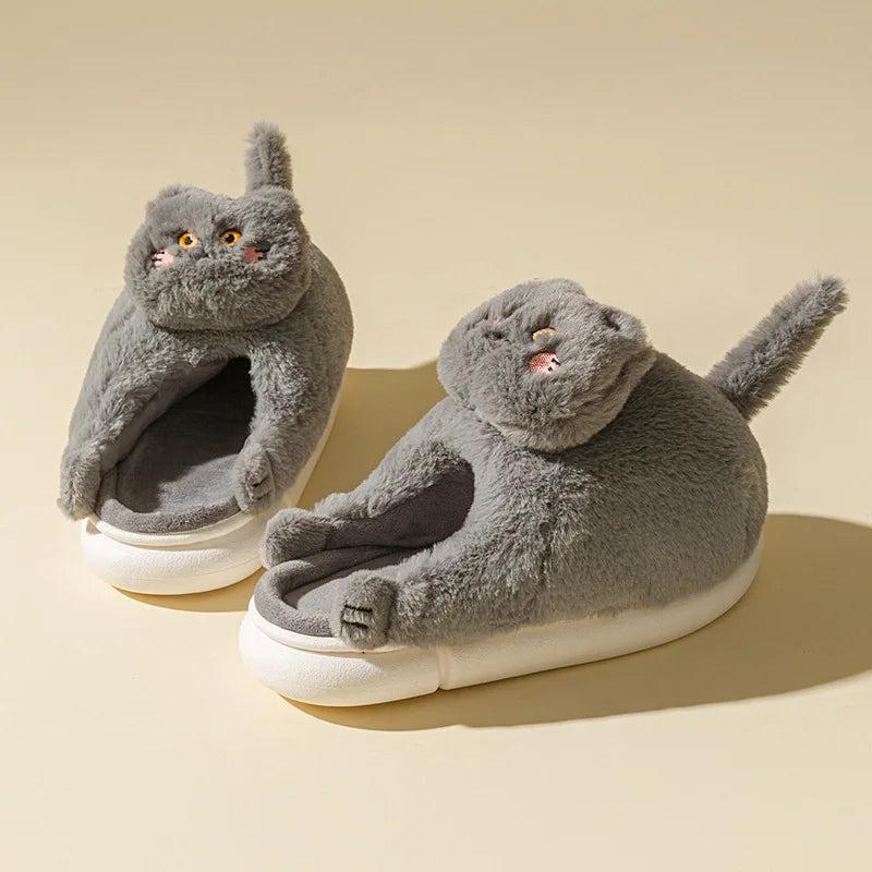 Cute Winter Cat Fuzzy Slippers for Women & Men grey 36-37fit-35-36 by HitMyNeed