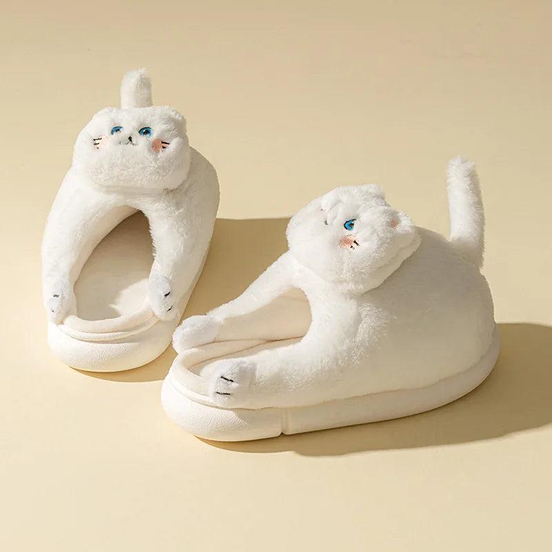 Cute Winter Cat Fuzzy Slippers for Women & Men white 38-39fit-37-38 by HitMyNeed