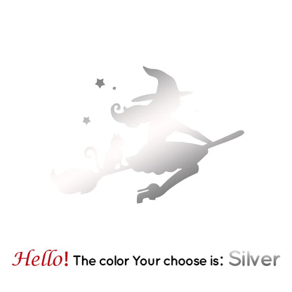Cute Witch and Cat Car Decal Sticker silver l-28cm-x-39cm by HitMyNeed