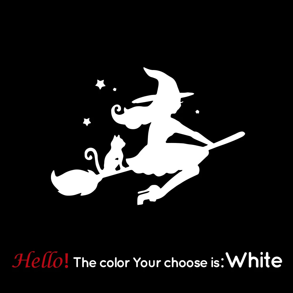 Cute Witch and Cat Car Decal Sticker white l-28cm-x-39cm by HitMyNeed