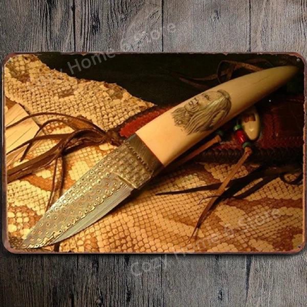 Damascus Bowie Knife Vintage Tin Wall Sign 14 by HitMyNeed