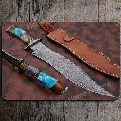 Damascus Bowie Knife Vintage Tin Wall Sign 15 by HitMyNeed