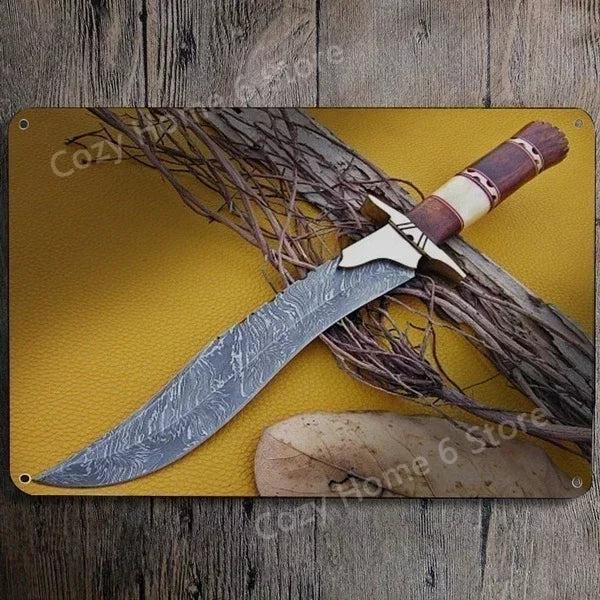 Damascus Bowie Knife Vintage Tin Wall Sign 9 by HitMyNeed