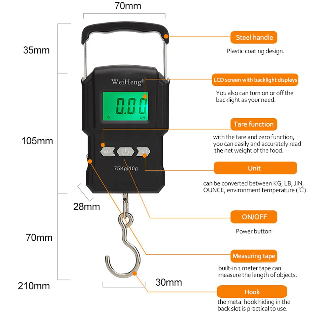 Digital 75kg Hook Weighing Scale with Tape Measure by HitMyNeed