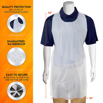 Disposable White Plastic Aprons 100 Pack by HitMyNeed
