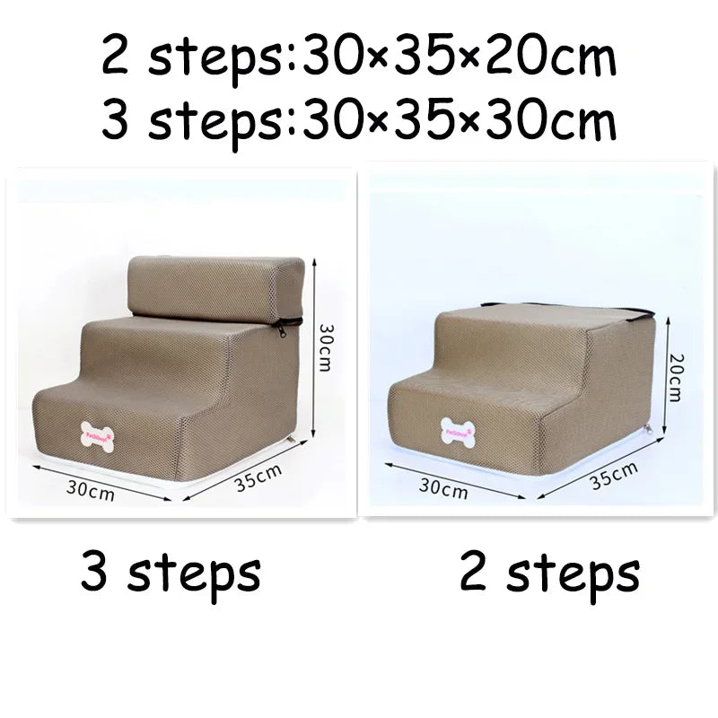 Dog & Cat Stairs with 2 or 3 Steps, Washable Cover khaki 3-steps by HitMyNeed