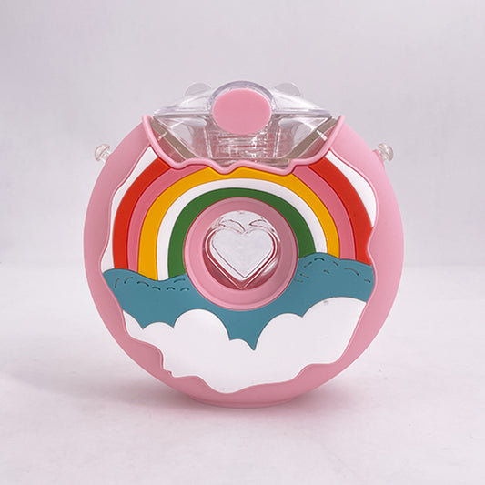 Donut Shaped Sippy Cup Bottle with Straw, 380ml pink-rainbow by HitMyNeed