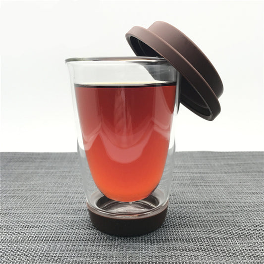 Double Wall Glass Cup with Lid and Coaster 350ml by HitMyNeed