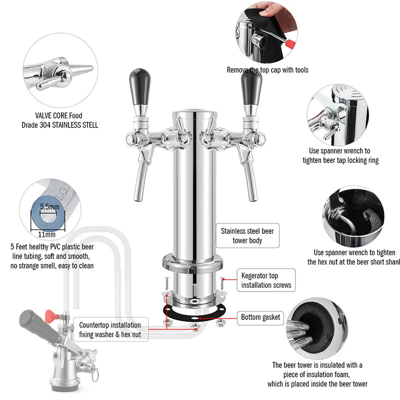Dual Faucet Stainless Steel Draft Beer Tower 3" by HitMyNeed