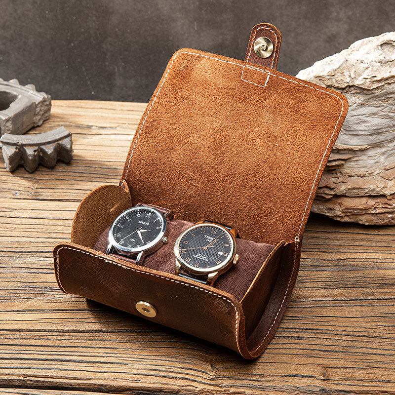 Dual Slot Genuine Leather Travel Watch Case by HitMyNeed