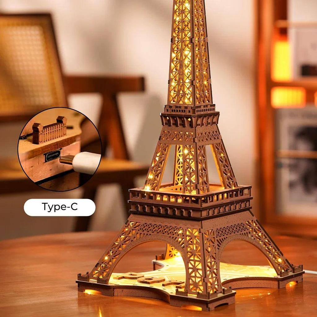 Eiffel Tower 3D Wooden Puzzle with LED Lights by HitMyNeed