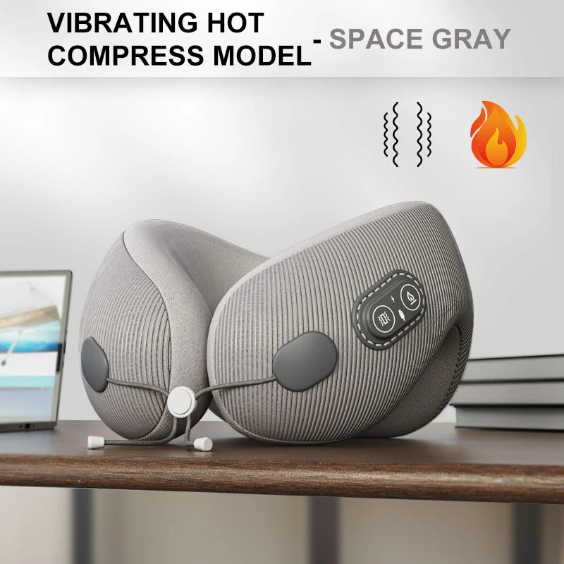 Electric Heated Neck Massager Memory Foam Travel Pillow gray by HitMyNeed