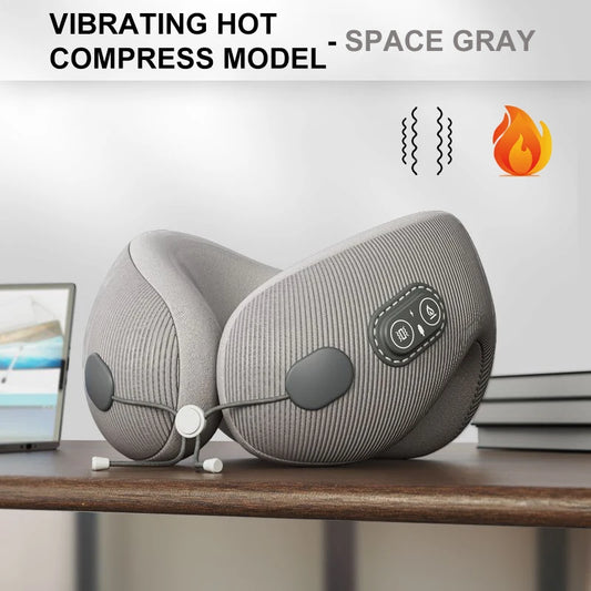Electric Heated Neck Massager Memory Foam Travel Pillow gray by HitMyNeed