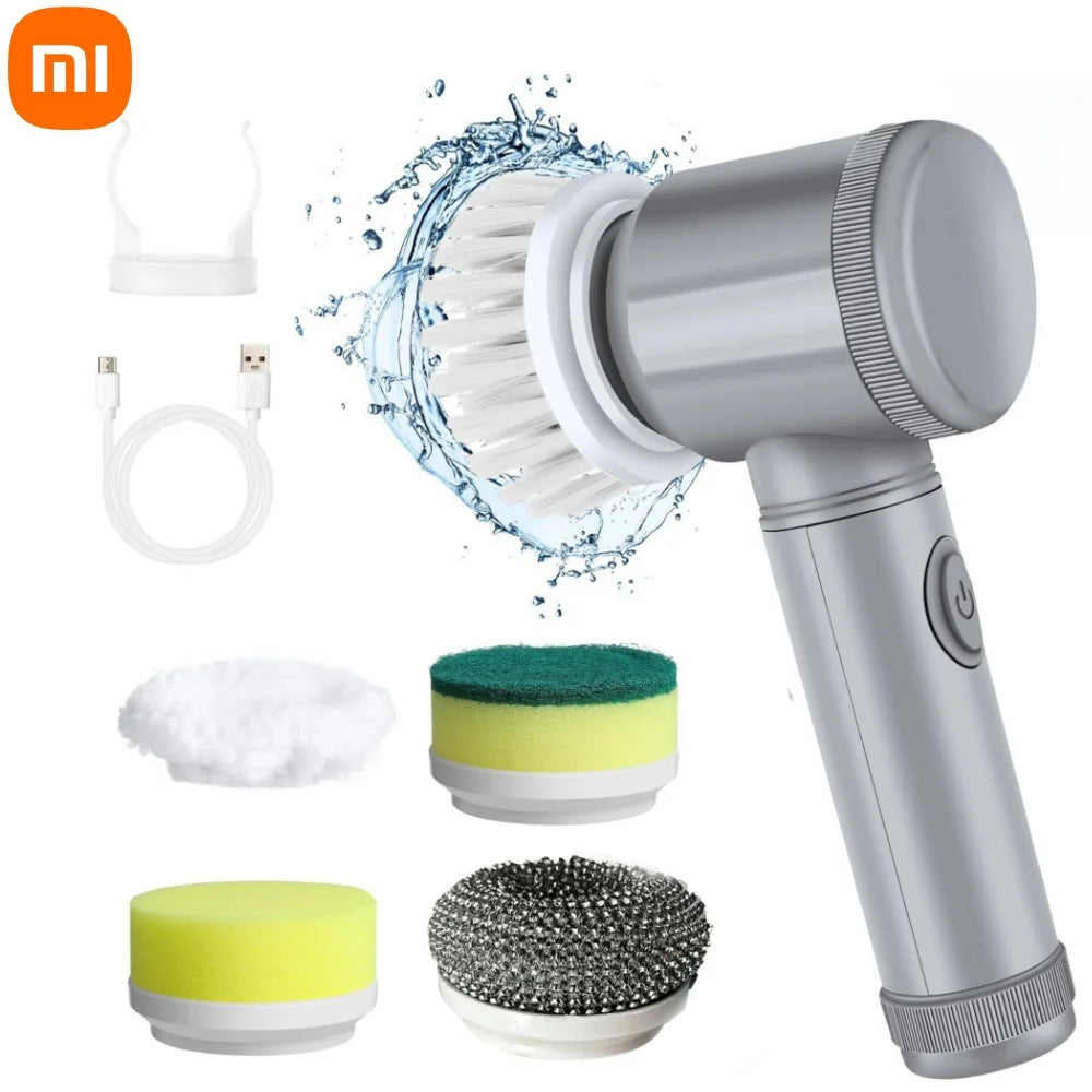 Electric Spin Scrubber with 5 Brush Heads grey-7-pieces by HitMyNeed