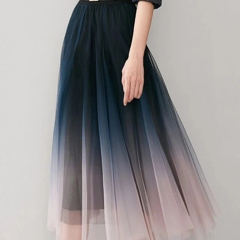 Elegant Gradient Tulle High Waist Pleated Midi Skirt by HitMyNeed