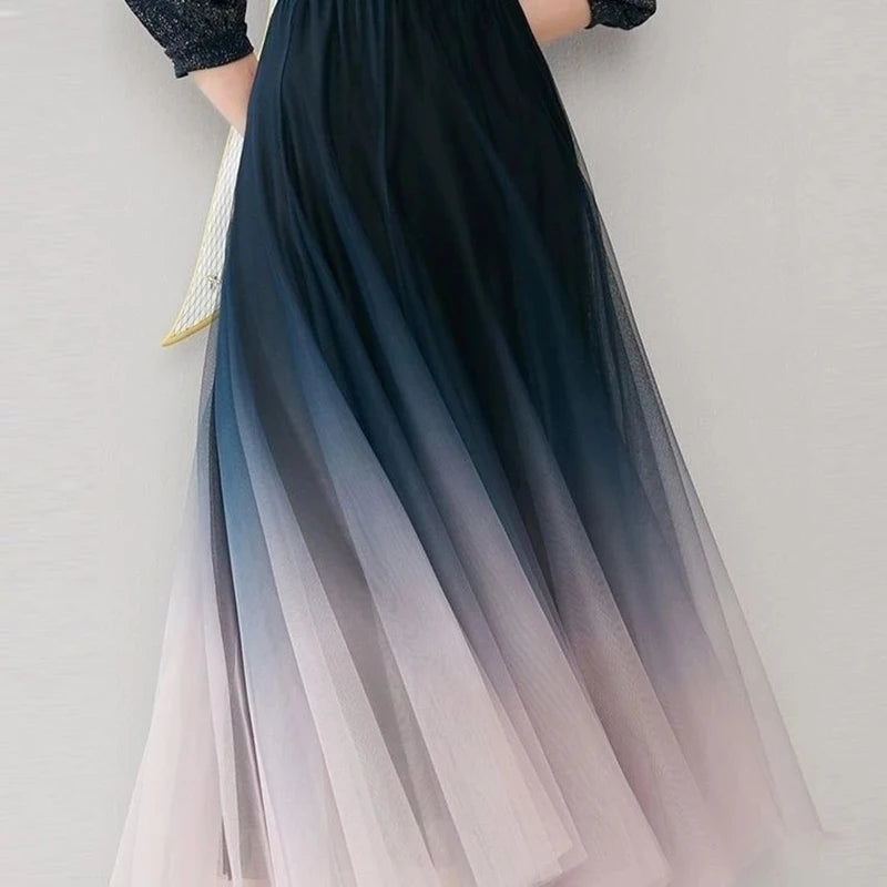Elegant Gradient Tulle High Waist Pleated Midi Skirt by HitMyNeed
