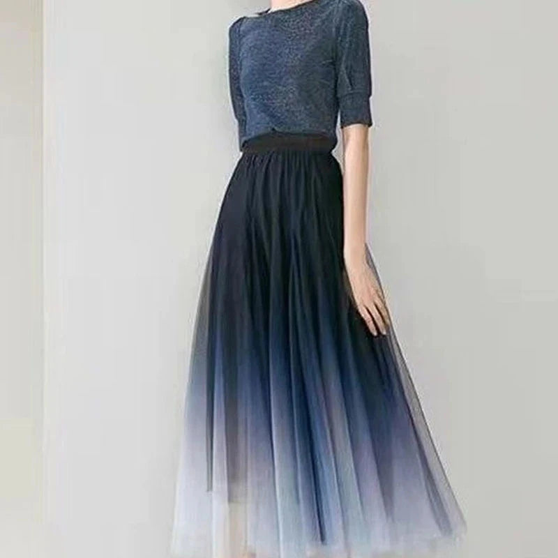 Elegant Gradient Tulle High Waist Pleated Midi Skirt gradientgrayblue by HitMyNeed