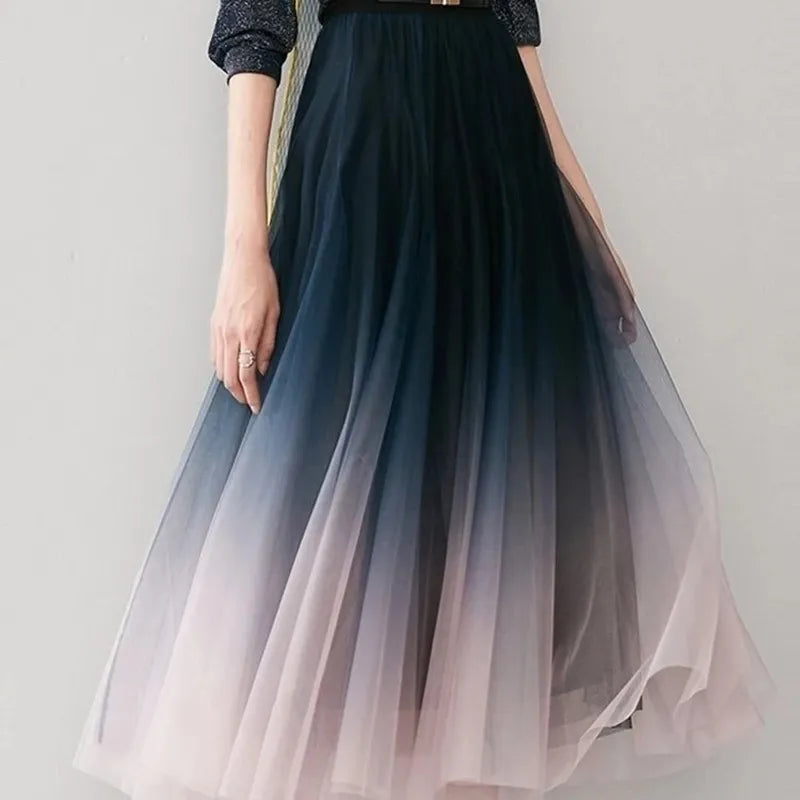 Elegant Gradient Tulle High Waist Pleated Midi Skirt gradientpinkblue by HitMyNeed