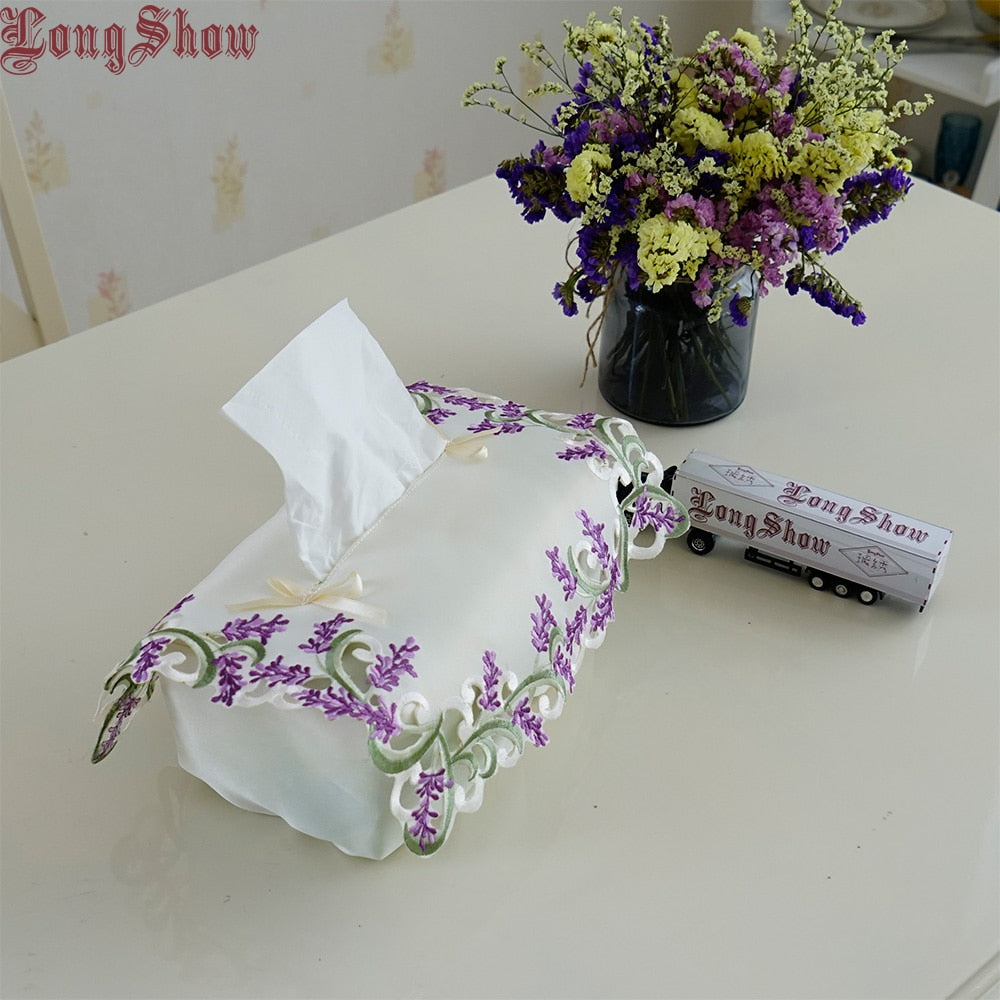 Embroidered Lavender Tissue Box Fabric Cover by HitMyNeed