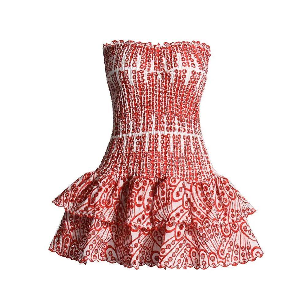 Embroidered Ruffled Strapless Mini Dress by HitMyNeed