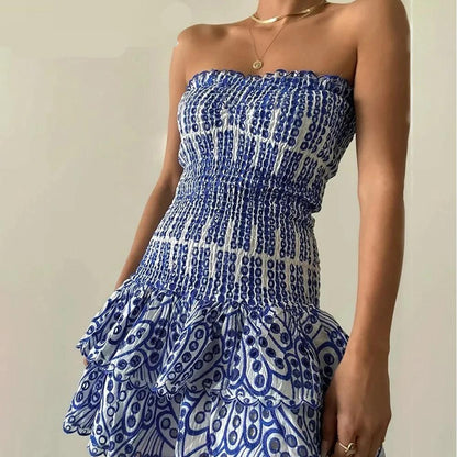 Embroidered Ruffled Strapless Mini Dress by HitMyNeed