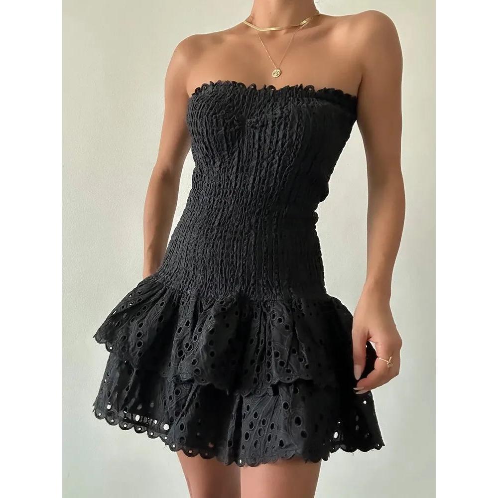 Embroidered Ruffled Strapless Mini Dress by HitMyNeed