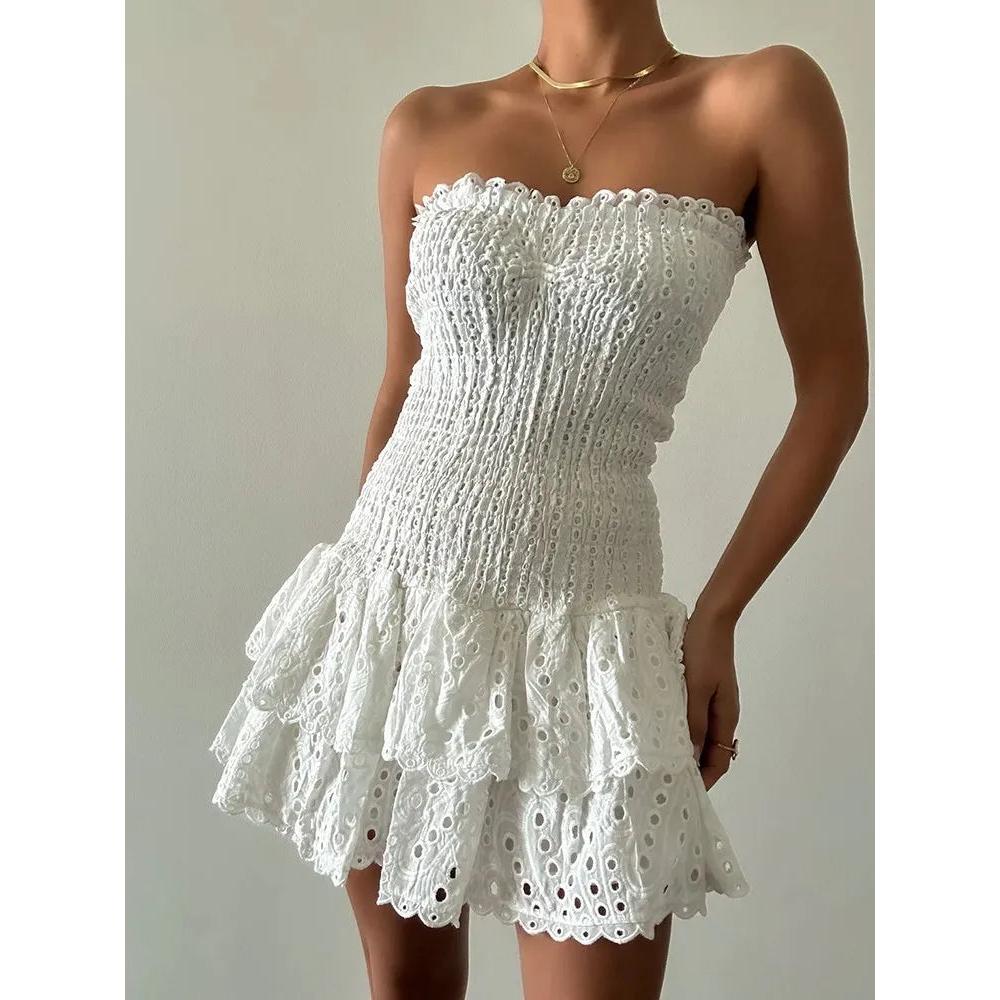 Embroidered Ruffled Strapless Mini Dress by HitMyNeed