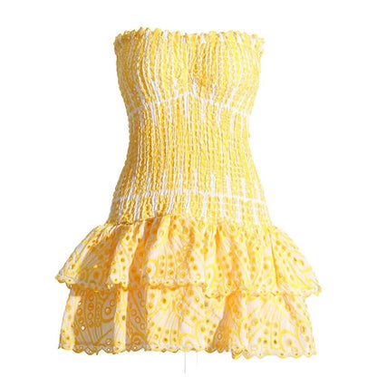 Embroidered Ruffled Strapless Mini Dress by HitMyNeed