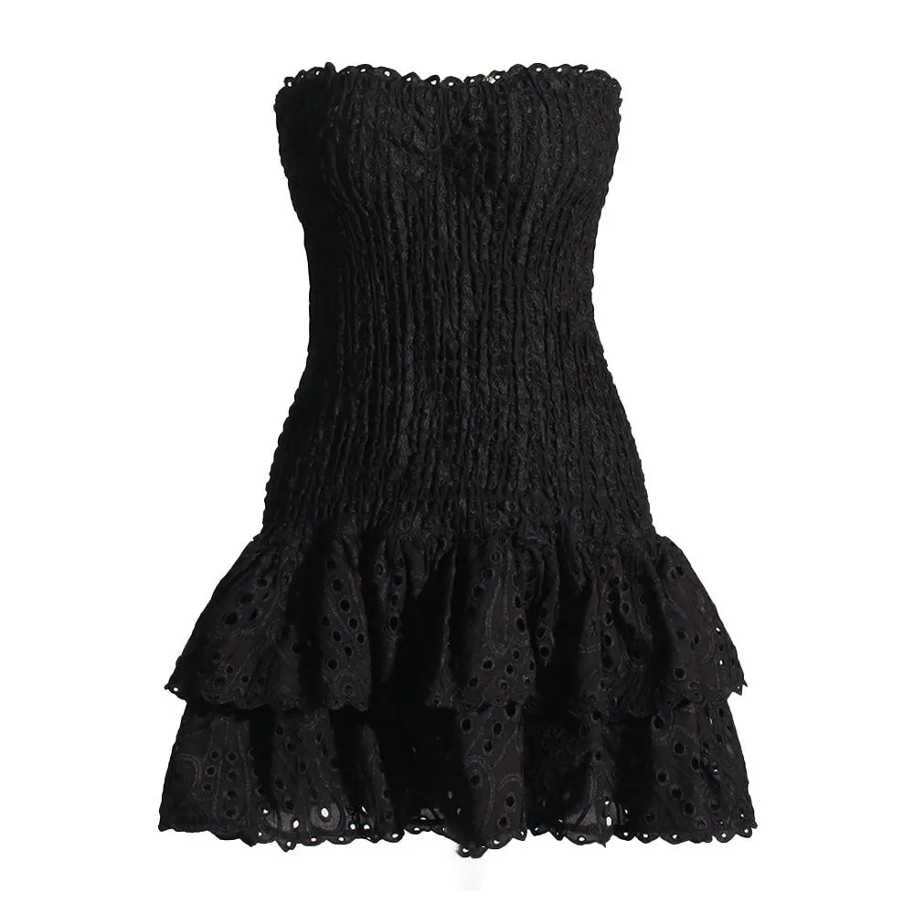 Embroidered Ruffled Strapless Mini Dress black s by HitMyNeed