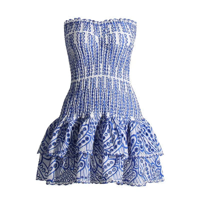 Embroidered Ruffled Strapless Mini Dress blue s by HitMyNeed