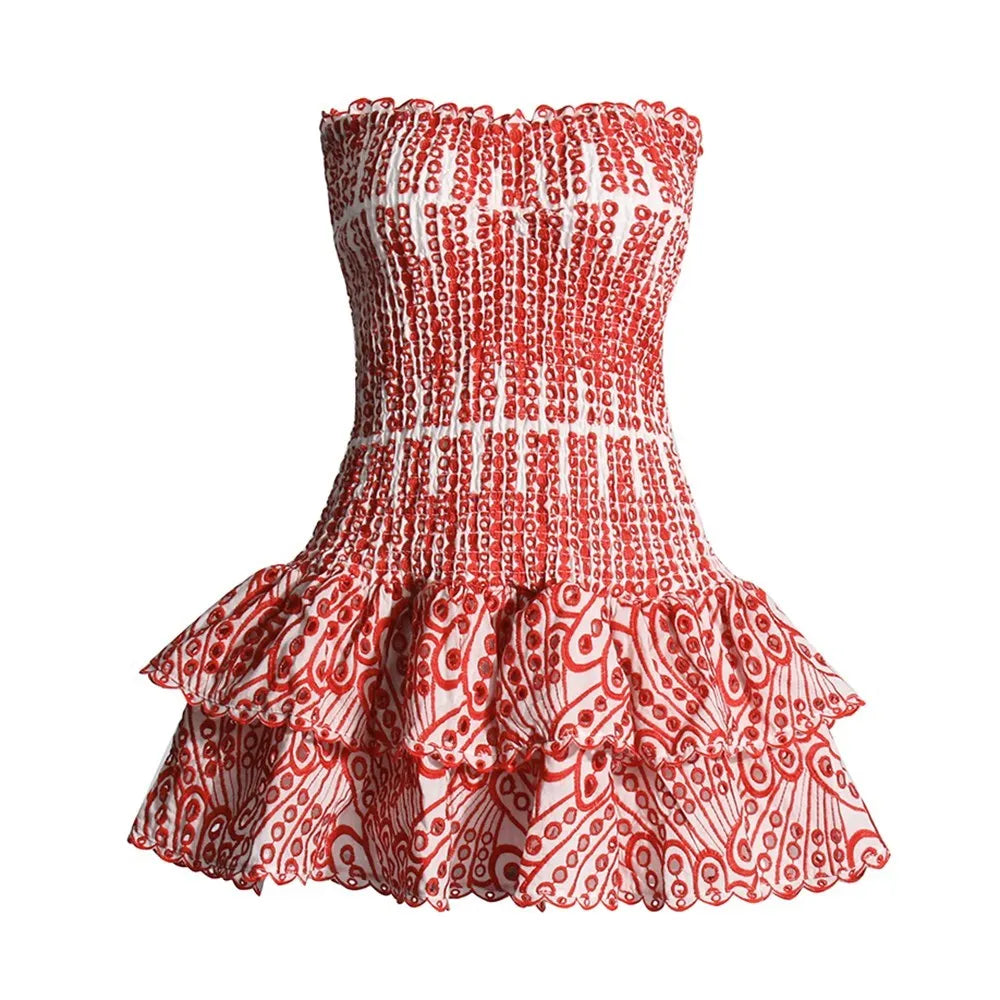 Embroidered Ruffled Strapless Mini Dress red s by HitMyNeed