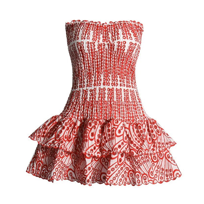 Embroidered Ruffled Strapless Mini Dress red s by HitMyNeed
