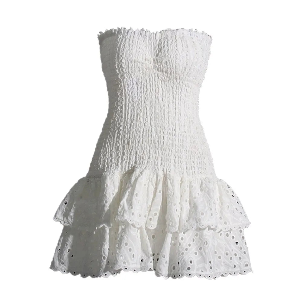 Embroidered Ruffled Strapless Mini Dress white s by HitMyNeed