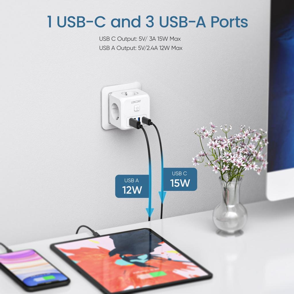 EU Power Strip 3 AC Outlets, 3 USB & USB-C, 4000W by HitMyNeed